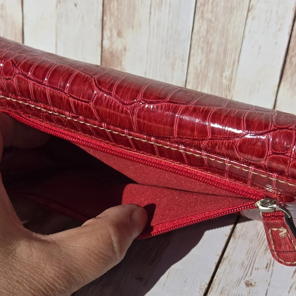 Red Croc Embossed Wallet Checkbook Organizer Snap Closure Zip Pocket